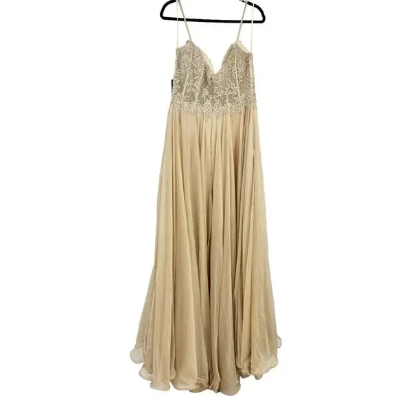 La Femme Nude Floral Appliqué Chiffon Evening Gown Maxi Dress Size 14 NWT
